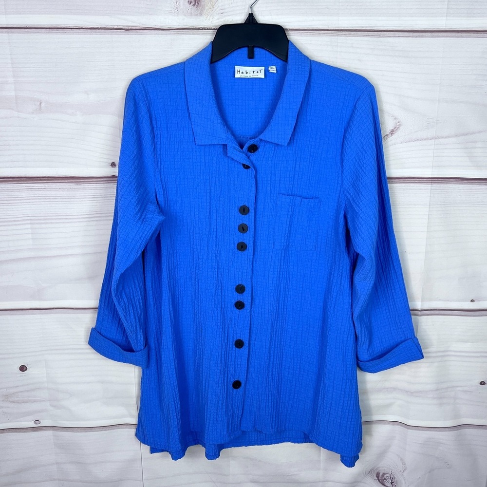 Habitat Top Women S Blue Button Up Shirt Tunic Textured 3/4 Sleeve Collar Pocket